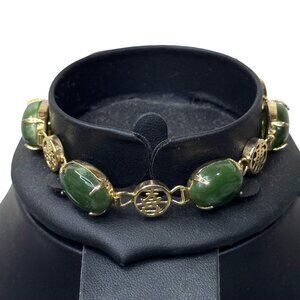 Vintage Gold Plated Bracelet Jade Green Chinese Luck Good Fortune Longevity 7"